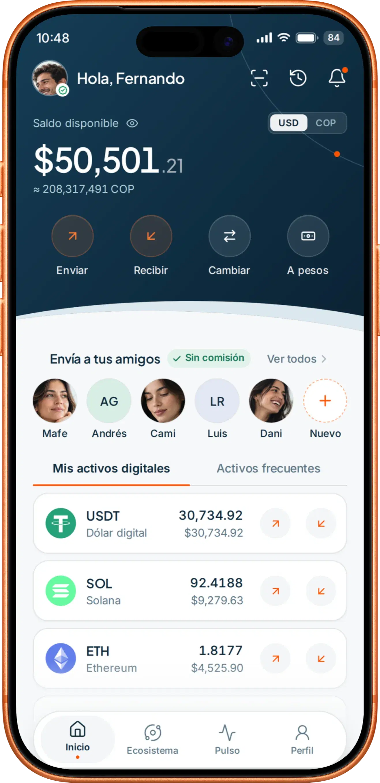 Écran principal de l’app Orbichain