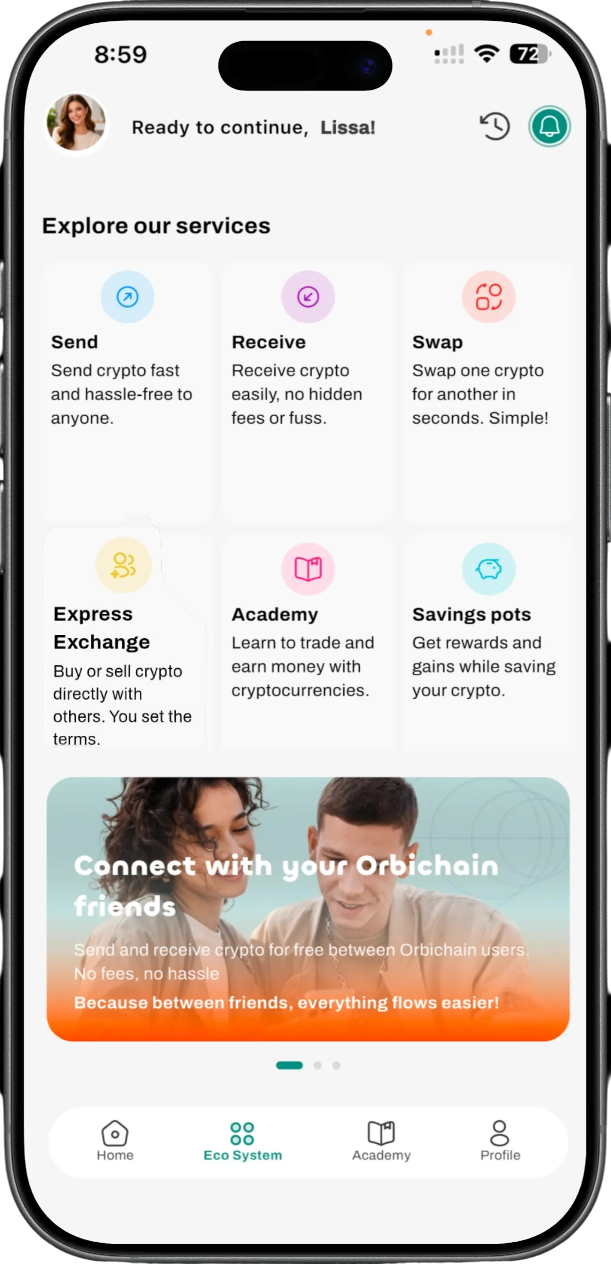 Phone showing Orbichain services