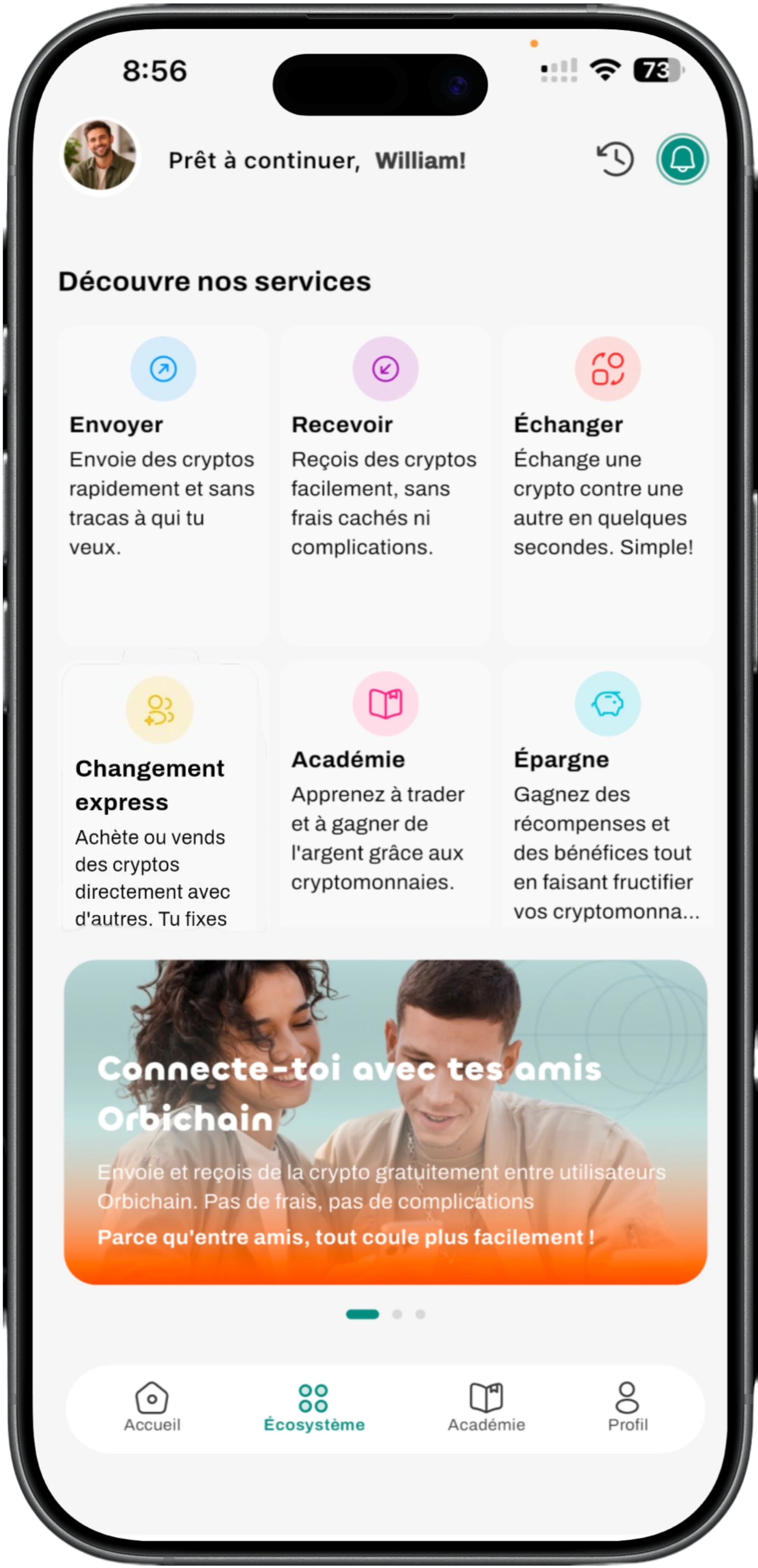 Téléphone montrant les services Orbichain