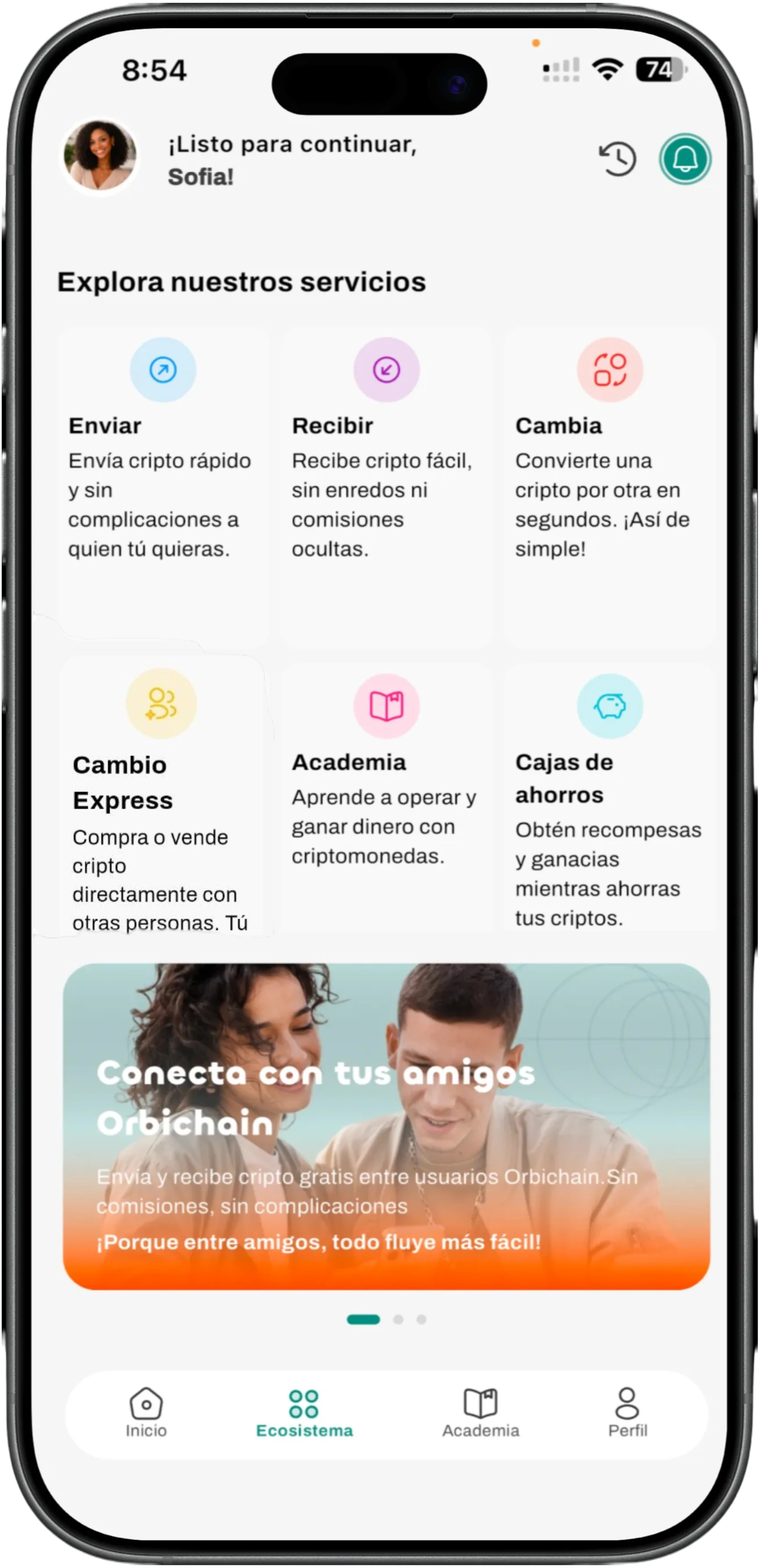 Teléfono mostrando los servicios Orbichain